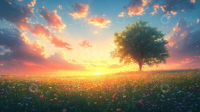 高清大图下载【趣麦麦图】花边草地夕阳图1