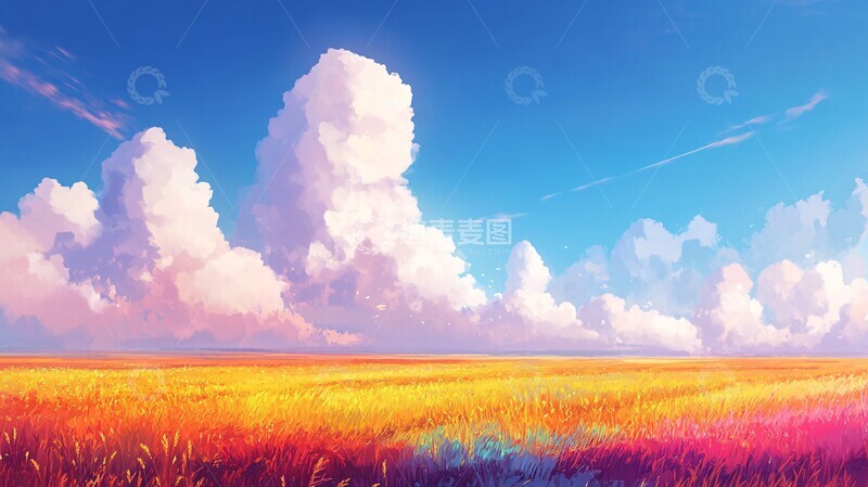 高清大图下载【趣麦麦图】彩虹麦田蓝天白云