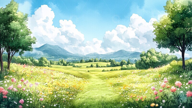 高清大图下载【趣麦麦图】大草原绿地草原绿地水彩2