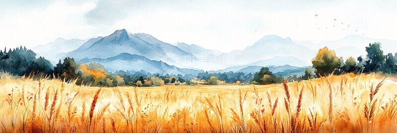 高清大图下载【趣麦麦图】麦田水彩画麦田水彩田野