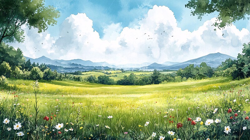 高清大图下载【趣麦麦图】大草原绿地草原绿地水彩