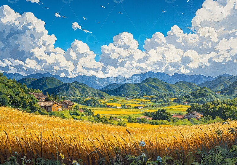 高清大图下载【趣麦麦图】-金色平原与蓝天