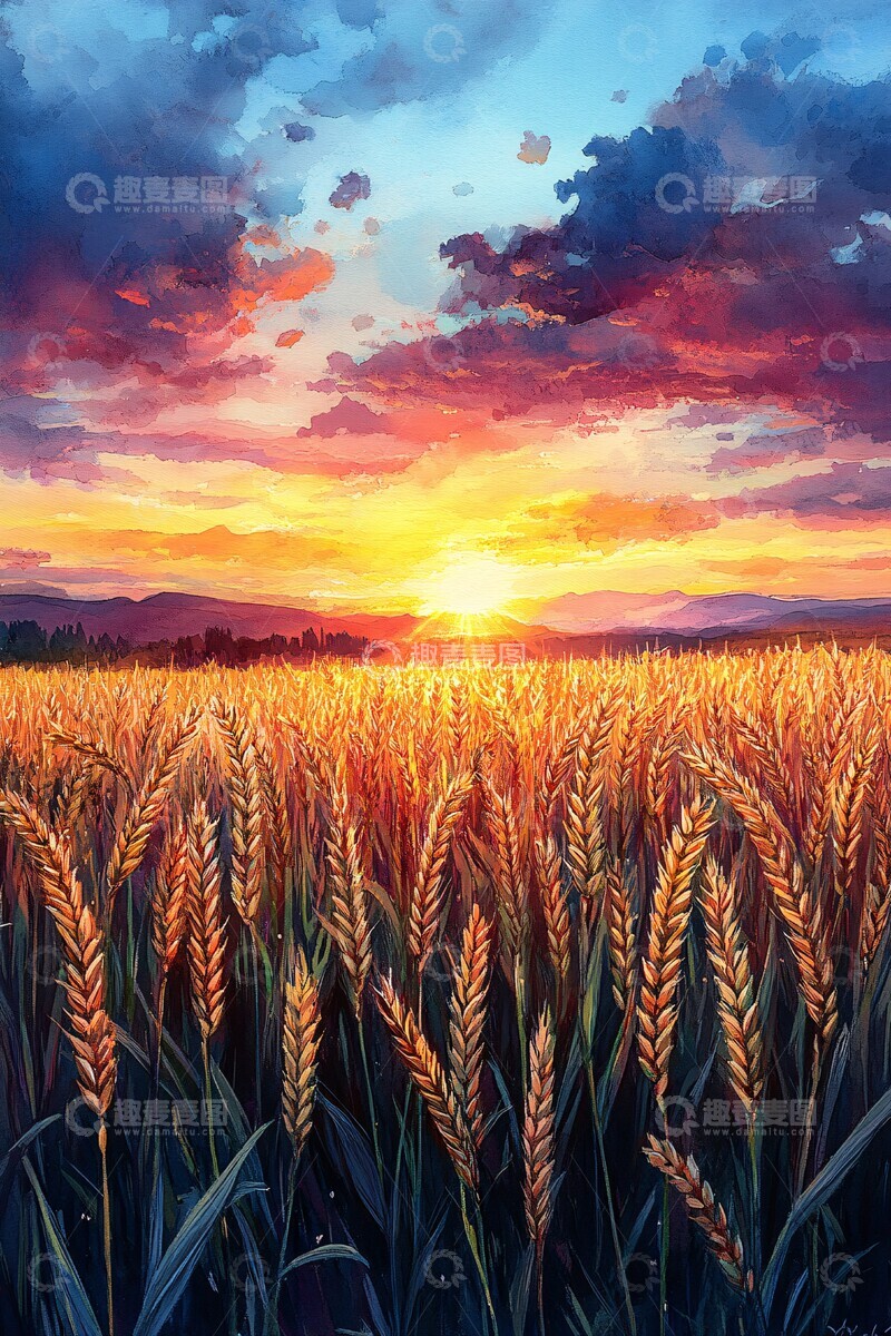 高清大图下载【趣麦麦图】小麦田水彩画1