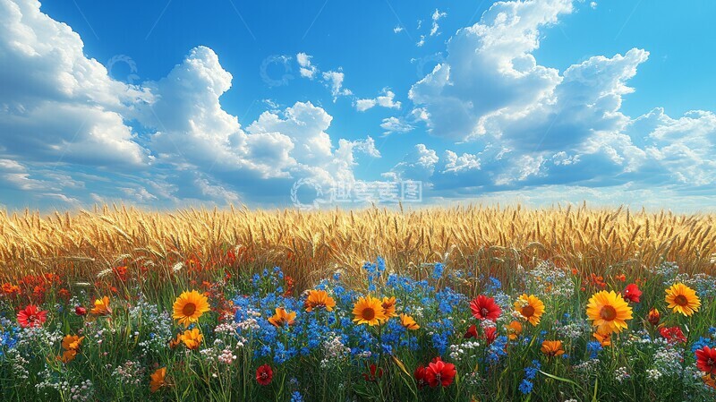 高清大图下载【趣麦麦图】麦田花海蓝天2