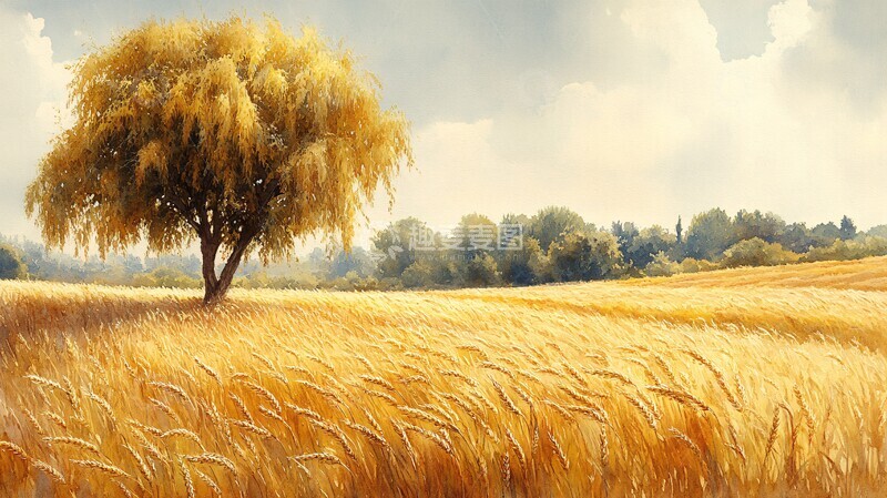 高清大图下载【趣麦麦图】金穗弯弯金穗麦田柳树1