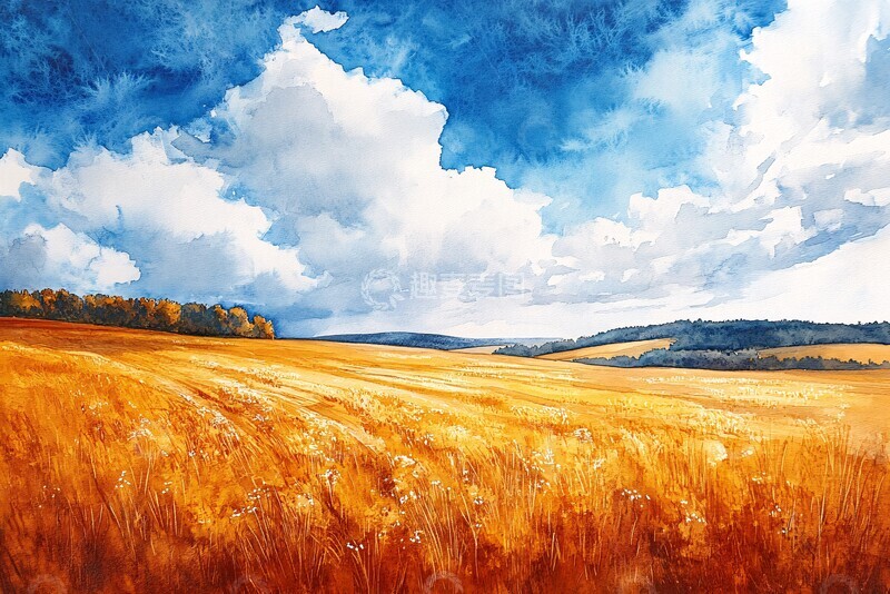 高清大图下载【趣麦麦图】金色田野水彩画3