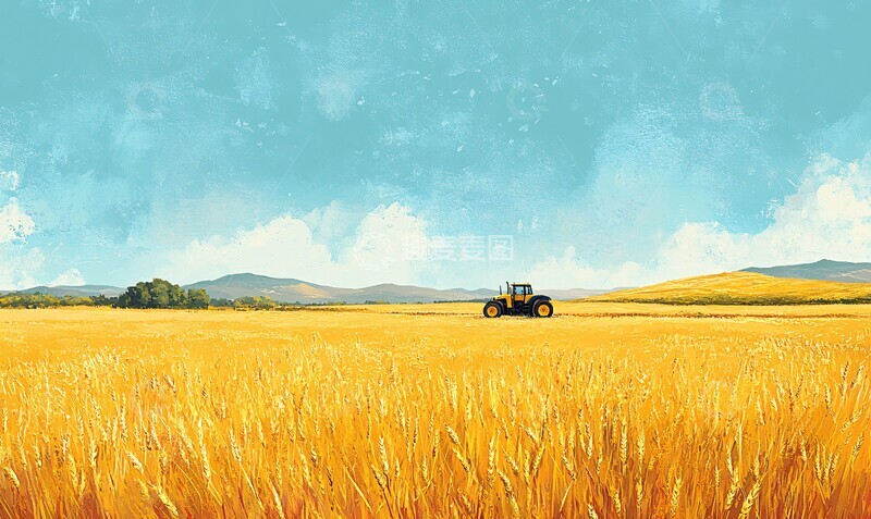 高清大图下载【趣麦麦图】金色麦田中的拖拉机2