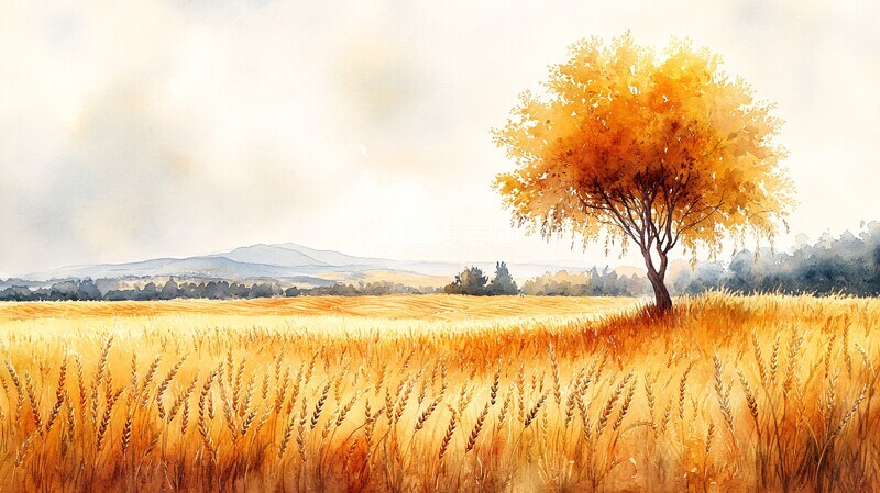 高清大图下载【趣麦麦图】金穗弯弯金穗麦田柳树