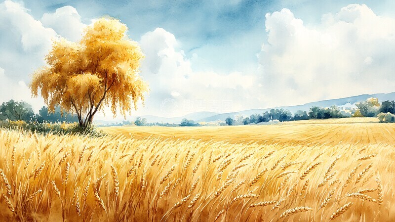 高清大图下载【趣麦麦图】金穗弯弯金穗麦田柳树3