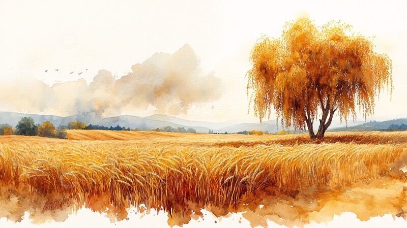 高清大图下载【趣麦麦图】金穗弯弯金穗麦田柳树2