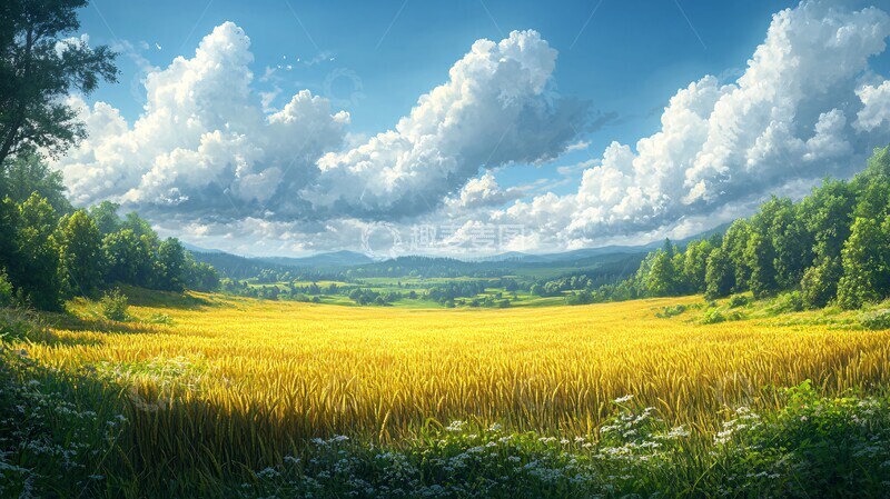 高清大图下载【趣麦麦图】广阔麦田与远林1