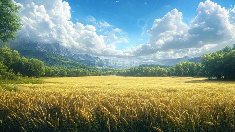 高清大图下载【趣麦麦图】广阔麦田与远林