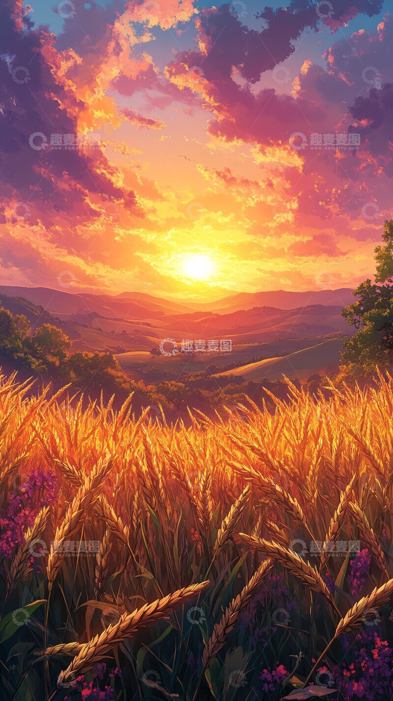 高清大图下载【趣麦麦图】-麦田夕阳麦田夕阳山丘