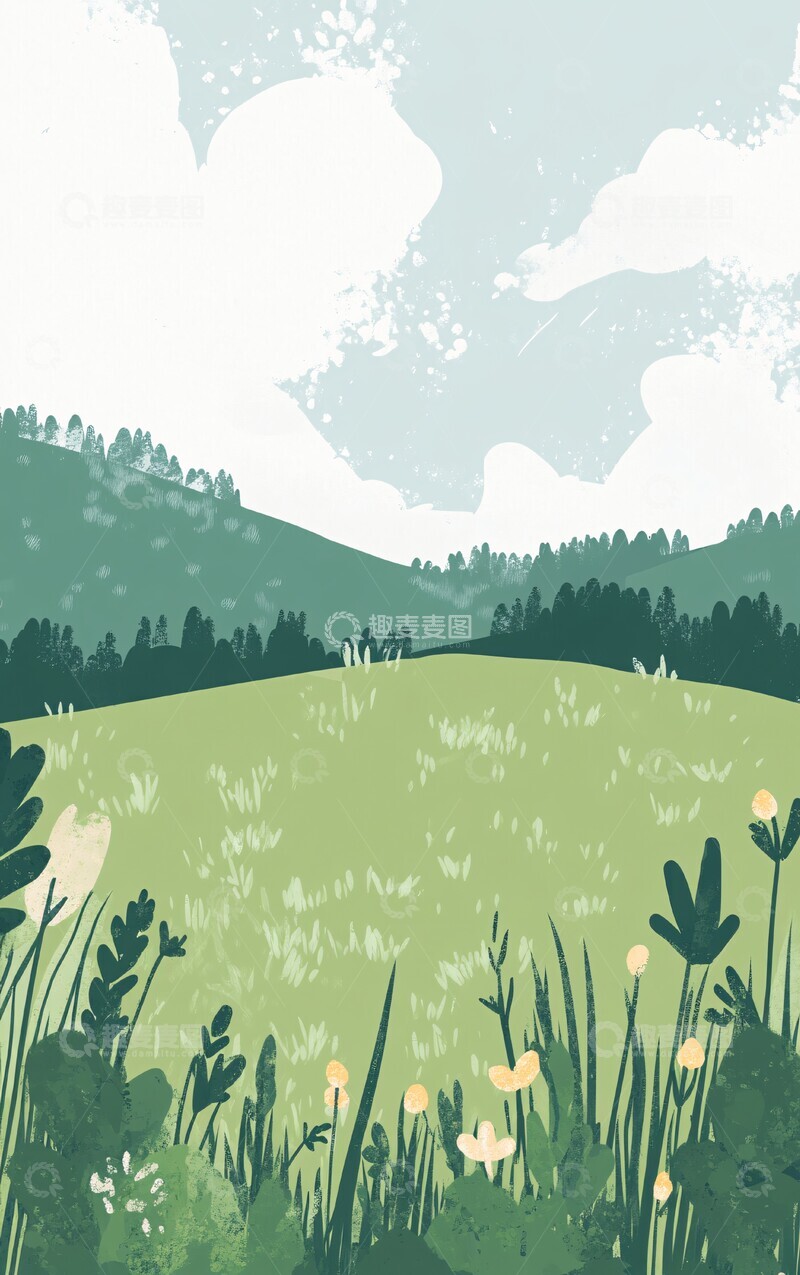 高清大图下载【趣麦麦图】草地牧场插画1