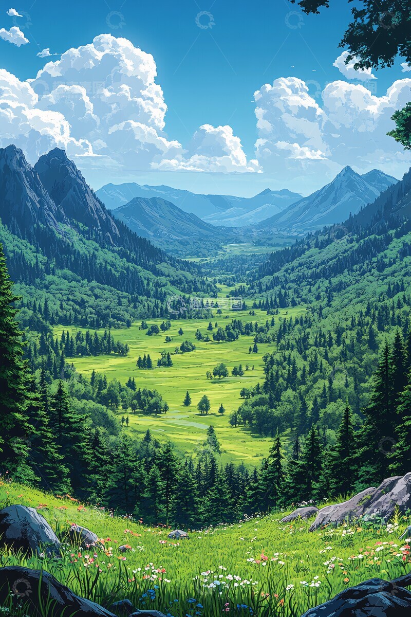 高清大图下载【趣麦麦图】远山蓝天漫画风