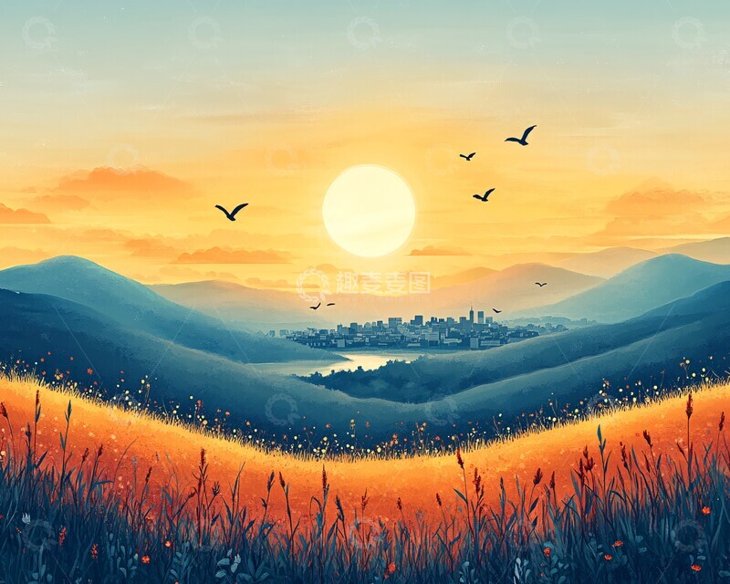 高清大图下载【趣麦麦图】山丘小城阳光画