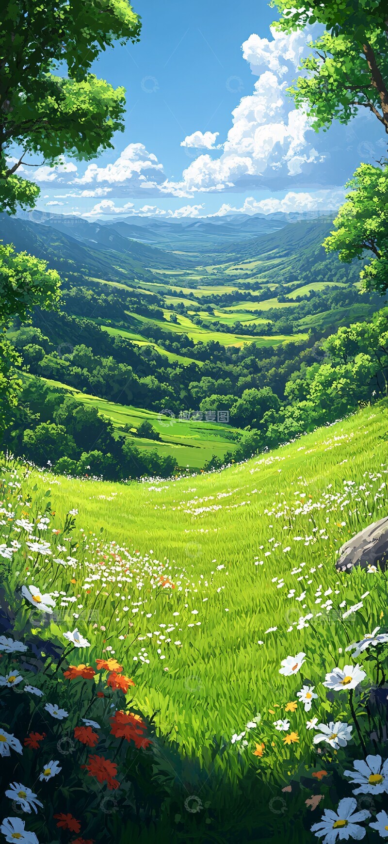 高清大图下载【趣麦麦图】草地蓝天卡通背景