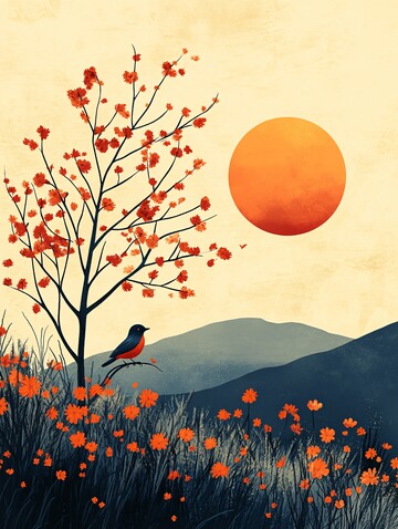 夏日晴空树鸟图