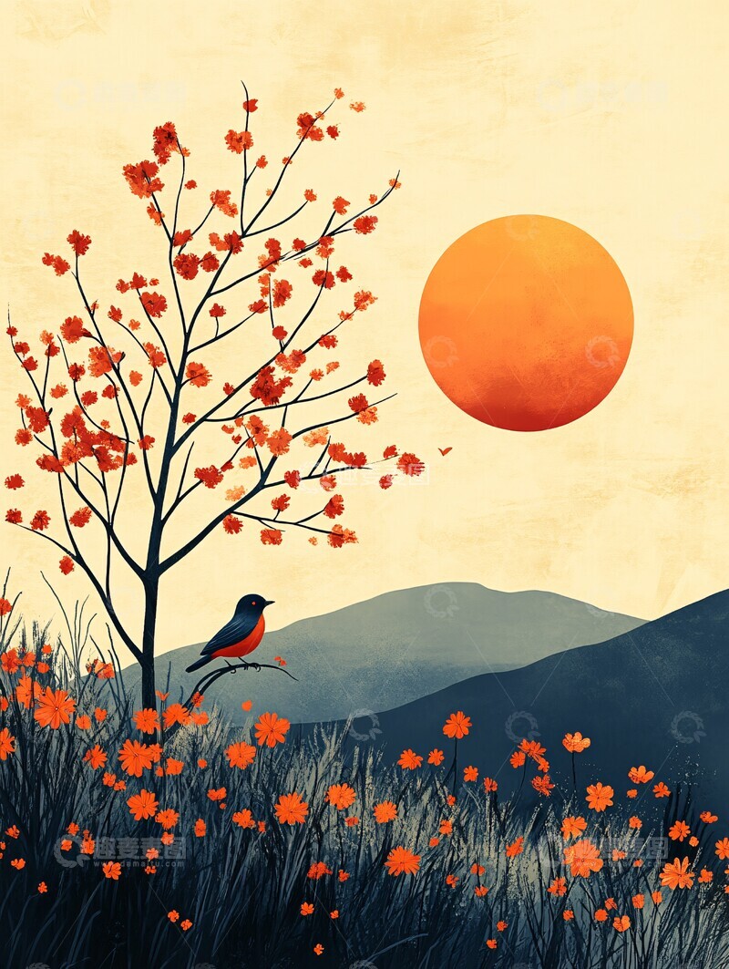 高清大图下载【趣麦麦图】夏日晴空树鸟图