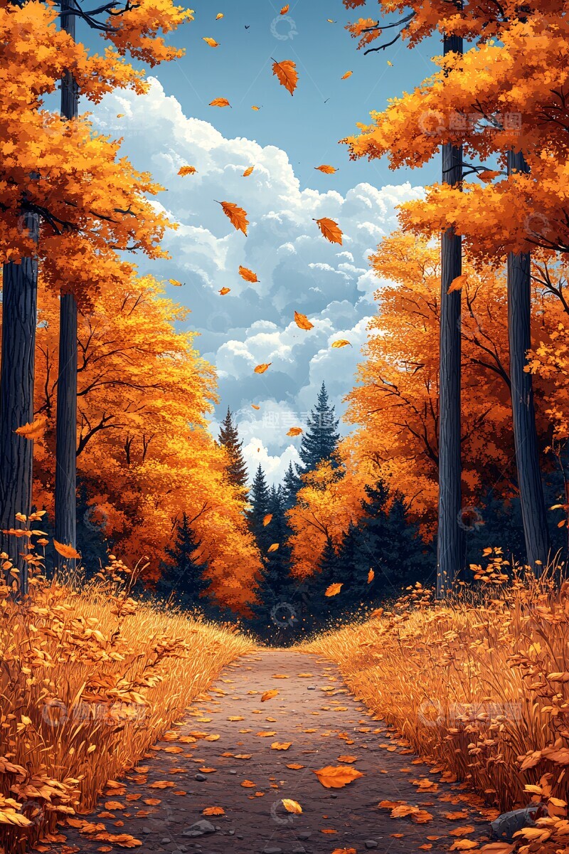 高清大图下载【趣麦麦图】秋林落叶路径