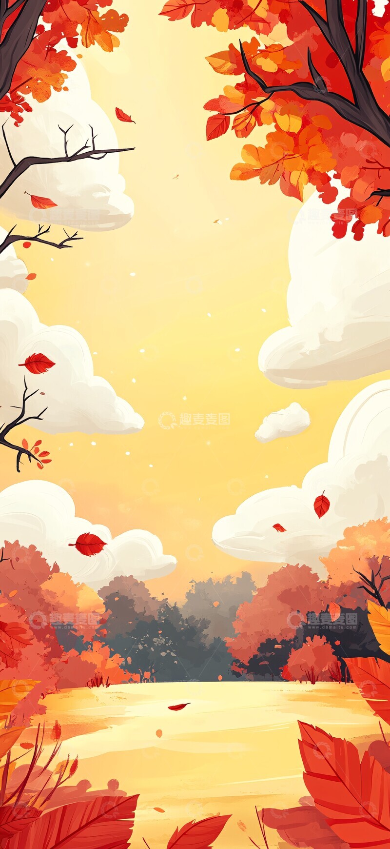 高清大图下载【趣麦麦图】黄色天空云朵红叶