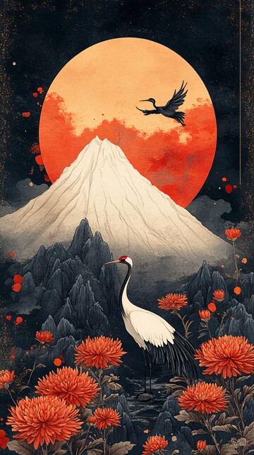 山菊鹤图海报风格手绘