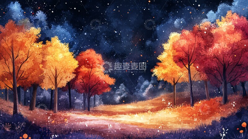 高清大图下载【趣麦麦图】秋夜森林水彩1