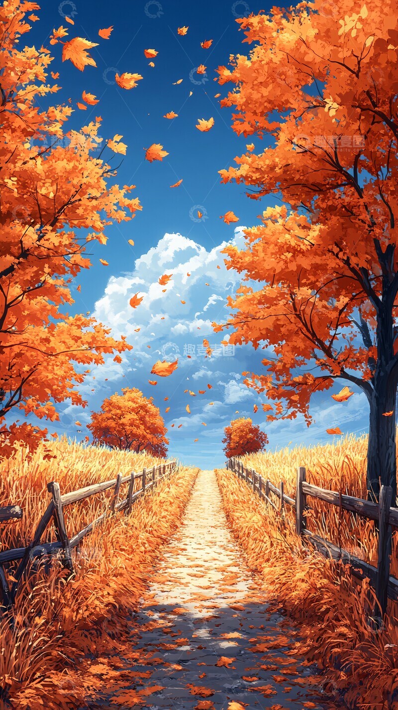 高清大图下载【趣麦麦图】秋日橙树与麦田1