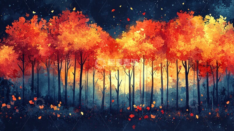 高清大图下载【趣麦麦图】秋夜森林水彩