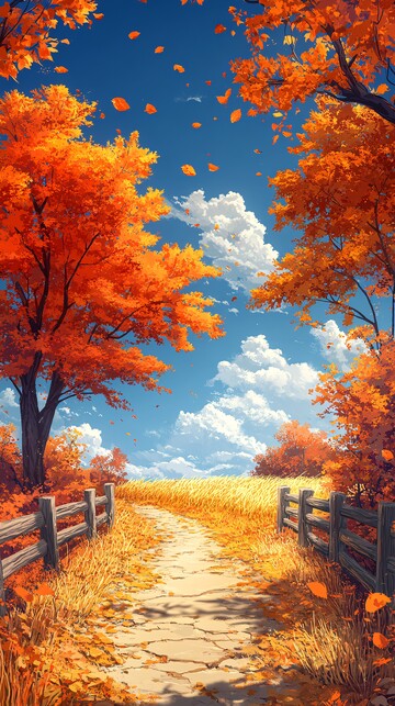 秋日橙树与麦田