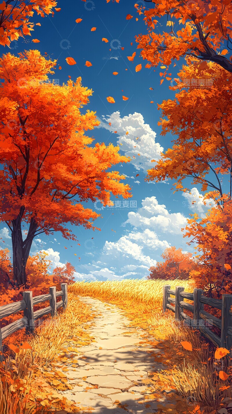 高清大图下载【趣麦麦图】秋日橙树与麦田