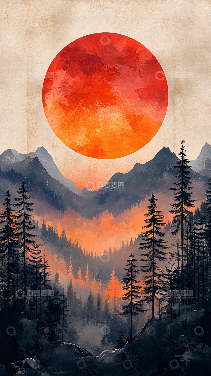 高清大图下载【趣麦麦图】水彩日落风景