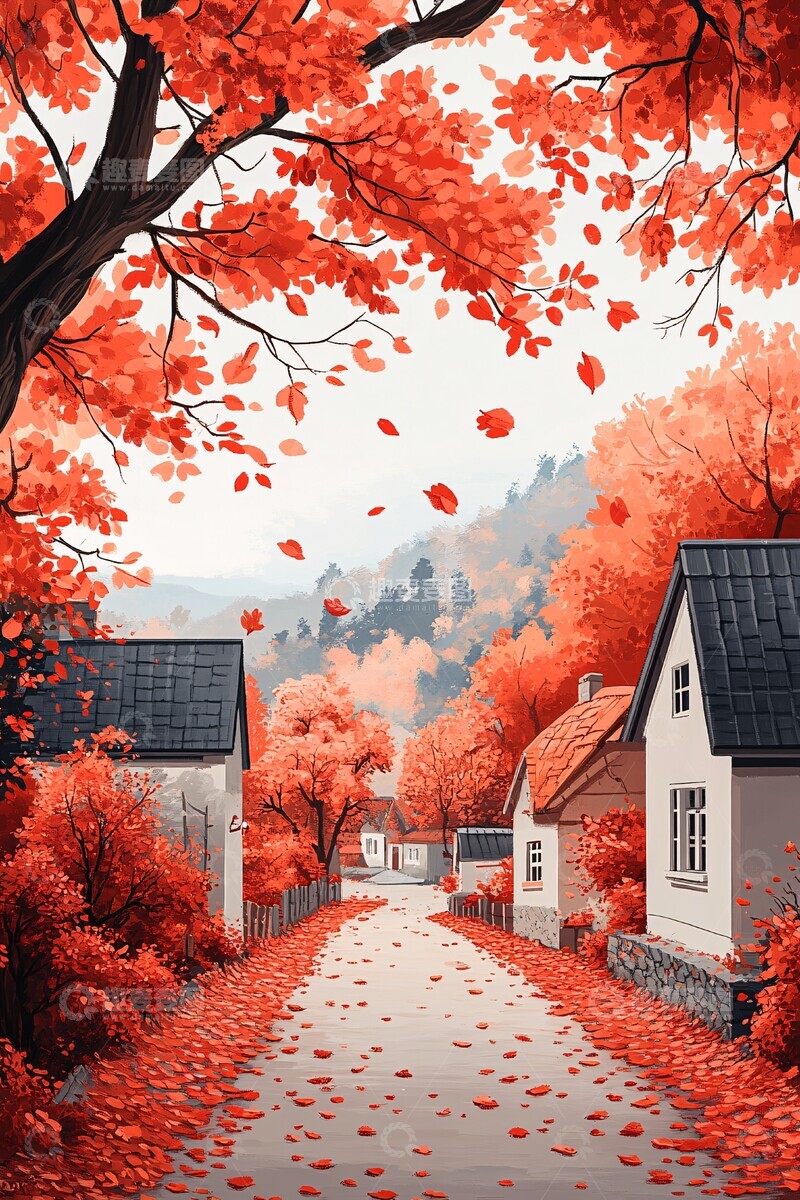 高清大图下载【趣麦麦图】红叶街道线稿1
