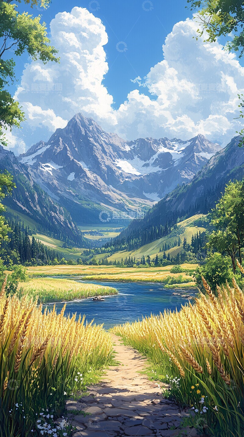 高清大图下载【趣麦麦图】麦田山水祥云图1