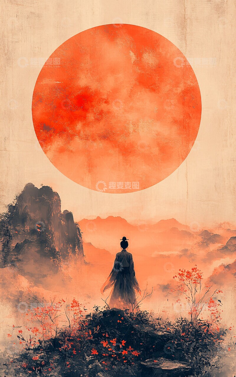 高清大图下载【趣麦麦图】旭日山景女子剪影