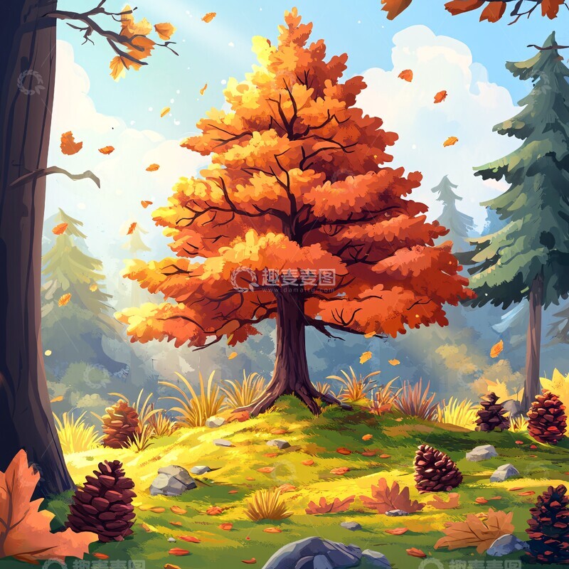 高清大图下载【趣麦麦图】秋林中的卡通树1