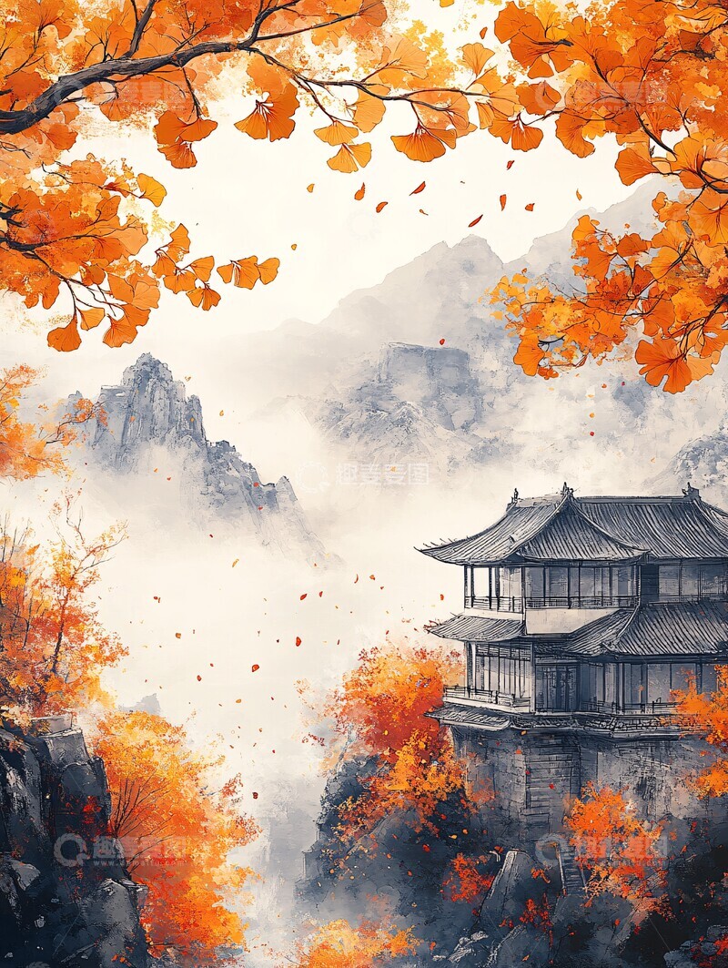 高清大图下载【趣麦麦图】-秋叶古建图秋叶古建黄色1
