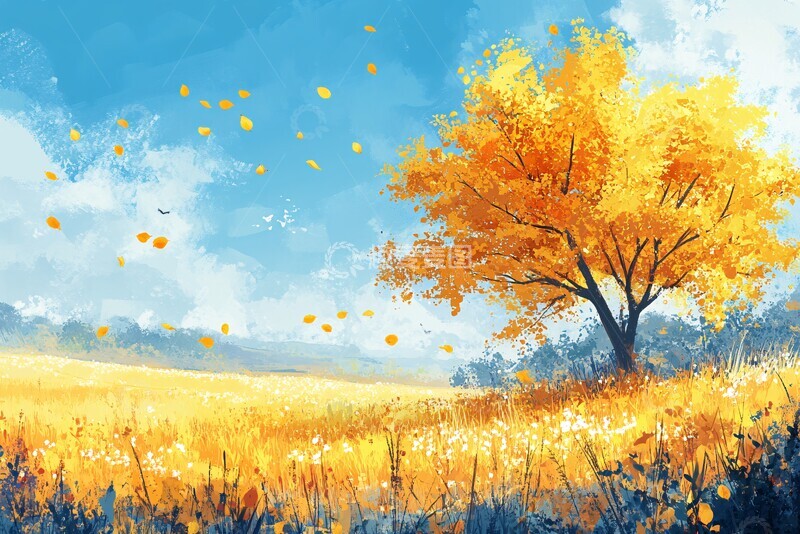 高清大图下载【趣麦麦图】秋日草原天空树