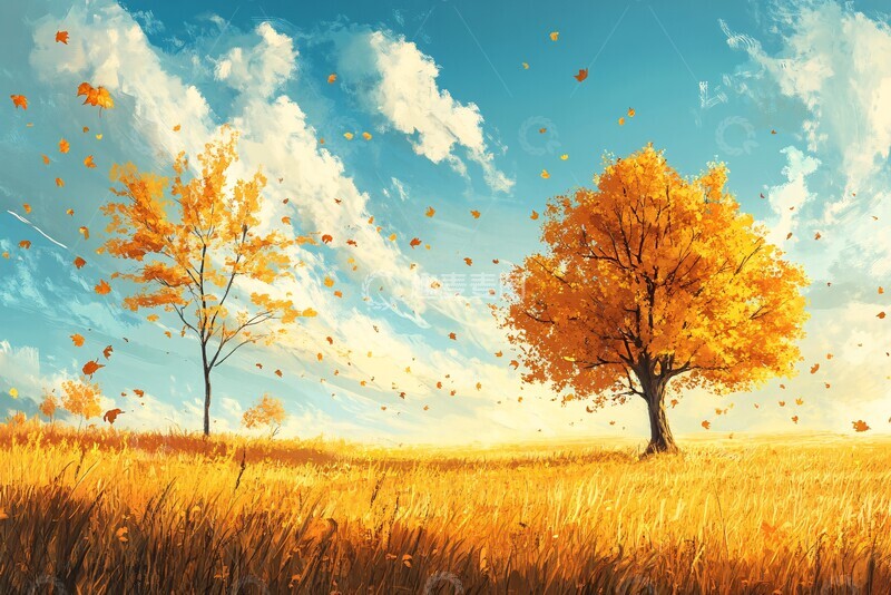 高清大图下载【趣麦麦图】秋日草原天空树1