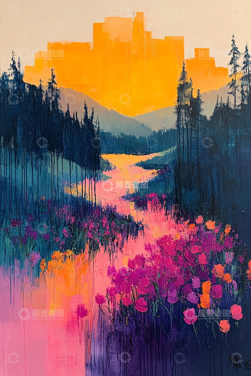 高清大图下载【趣麦麦图】花开树影色彩表达线条