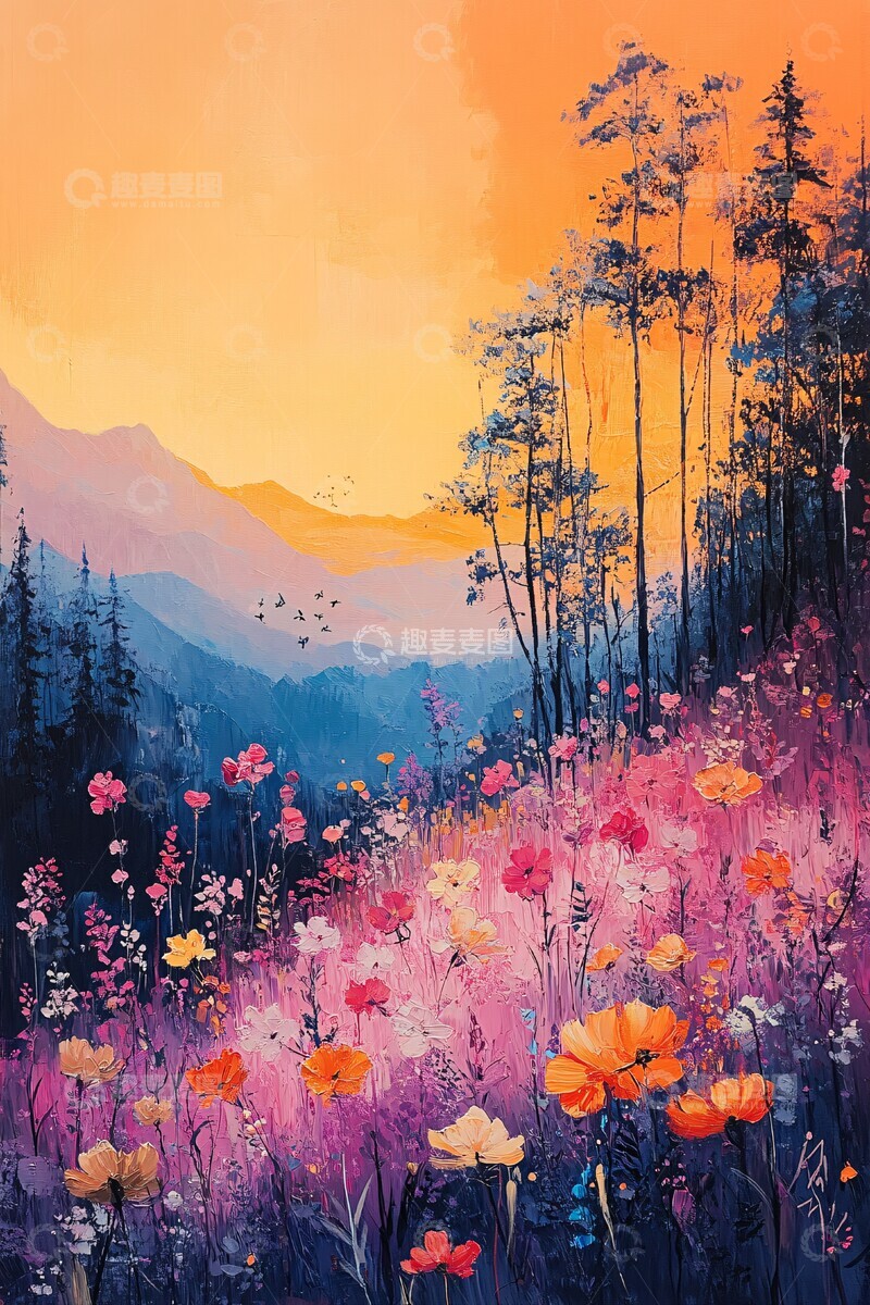 高清大图下载【趣麦麦图】花开树影色彩表达线条1