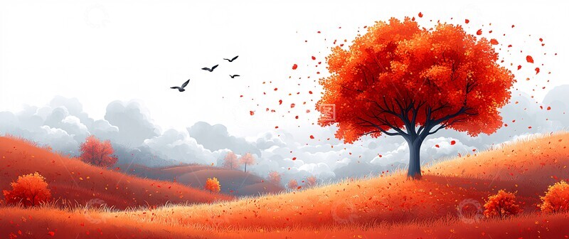 高清大图下载【趣麦麦图】秋树落叶飞鸟云