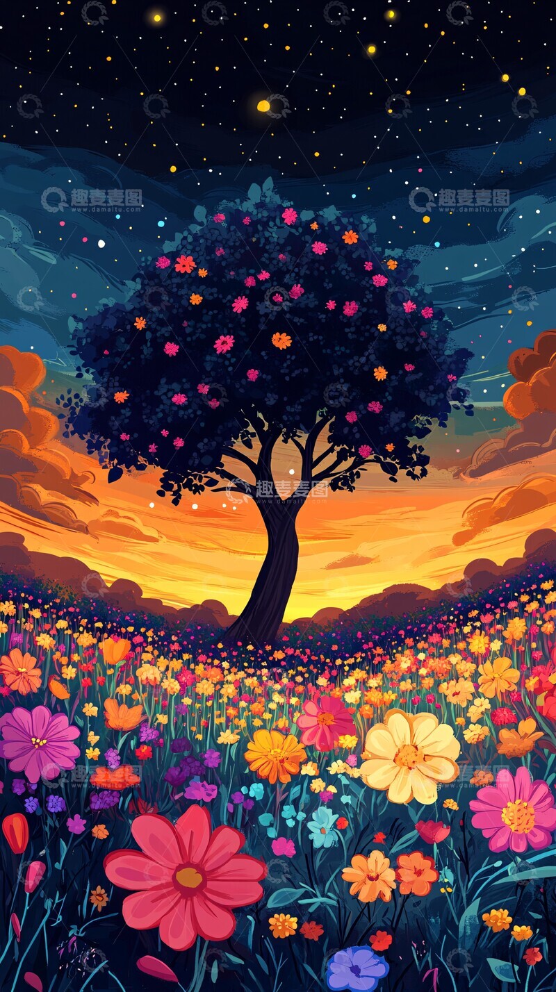 高清大图下载【趣麦麦图】花田树干彩色线条平涂1