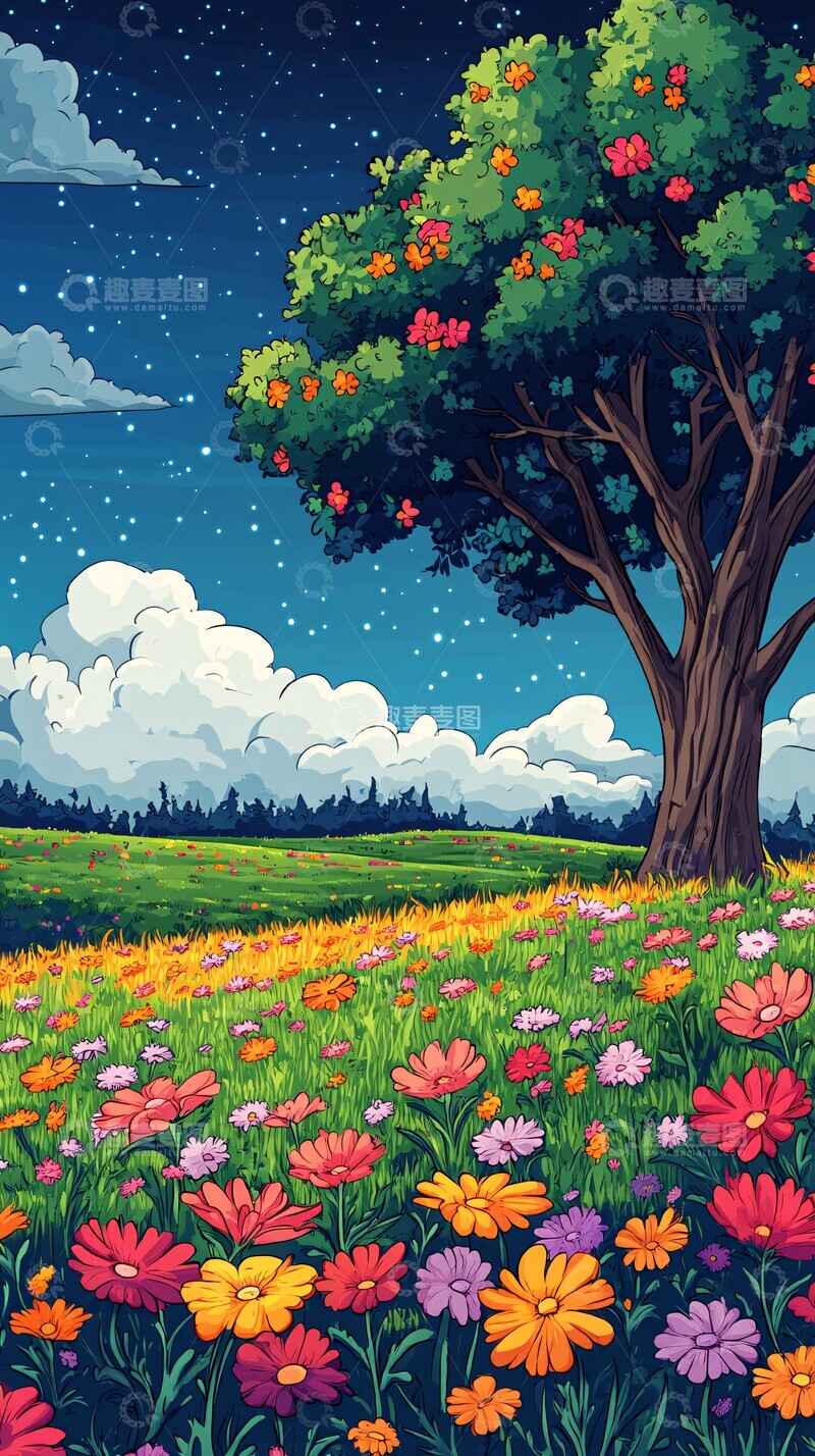 高清大图下载【趣麦麦图】花田树干彩色线条平涂