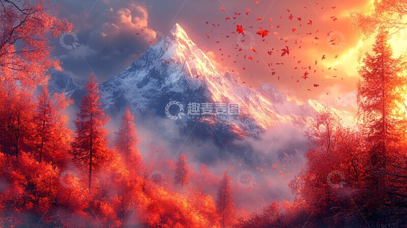 高清大图下载【趣麦麦图】秋山落叶落叶风格景观1