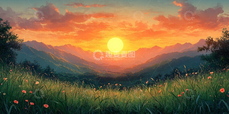 高清大图下载【趣麦麦图】草地山丘日出1