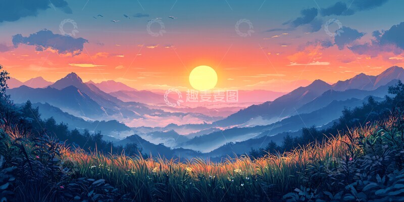 高清大图下载【趣麦麦图】草地山丘日出