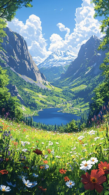 草地湖景远山1