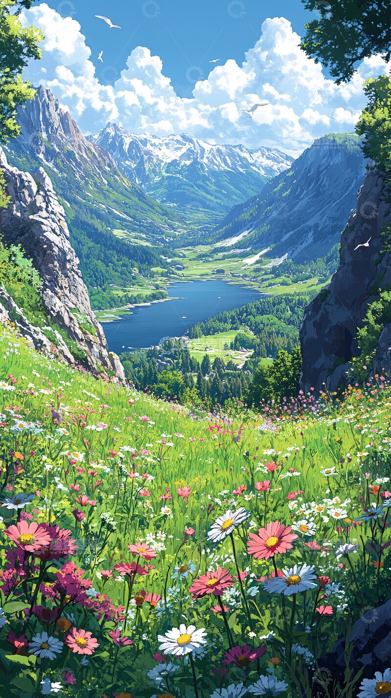 高清大图下载【趣麦麦图】草地湖景远山