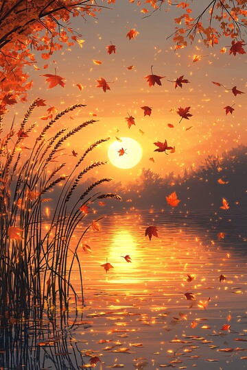 秋叶映水夕阳金